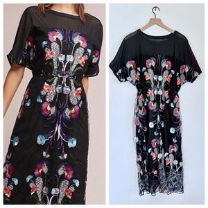 NWT RARE Anthropologie Eva Franco Sara Embroidered Midi Dress in Black Size 8